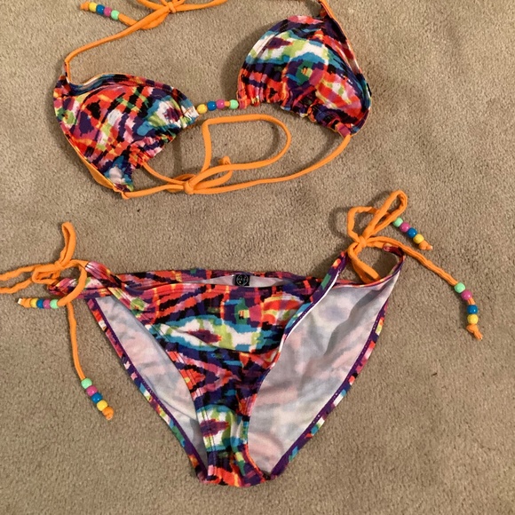 Maui Bikini Multicolored Multi Beads Ties 2 Pc Swimsuit - Picture 1 of 8